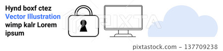 Cybersecurity, data protection, cloud storage, information safety, digital access, network security. Lock symbol, monitor and cloud icon. Data protection and cybersecurity concept 137709238