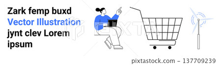 E-commerce, renewable energy, workplace productivity, sustainability, online learning, environmental care. Woman working on a laptop, shopping cart wind turbine. E-commerce and renewable energy 137709239
