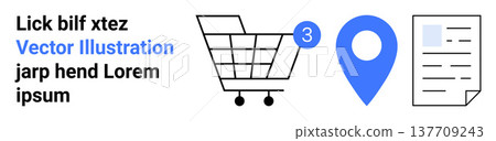 E-commerce, online shopping, navigation tools, digital services, location tracking, and order management. Shopping cart with badge, blue location pin and document icon. E-commerce and online E-commerce, online shopping, navigation tools, digital services, location tracking, and order management. Shopping cart with badge, blue location pin and document icon. E-commerce and online 137709243