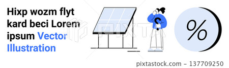 Renewable energy, cost analysis, financial planning, sustainability, eco-friendly living, energy efficiency. Features a solar panel, person holding dollar symbol and percentage icon. Renewable 137709250