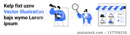 Digital marketing, online shopping, e-commerce, business research, analytics, search tools. Person searching with magnifier, browsing online store. E-commerce and digital marketing concept Digital marketing, online shopping, e-commerce, business research, analytics, search tools. Person searching with magnifier, browsing online store. E-commerce and digital marketing concept 137709258