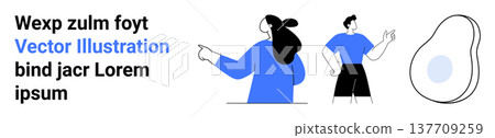 Design inspiration, education, presentation templates, creativity, marketing, abstract concepts. Two people in casual poses with abstract shape and text elements. Design inspiration and education Design inspiration, education, presentation templates, creativity, marketing, abstract concepts. Two people in casual poses with abstract shape and text elements. Design inspiration and education 137709259