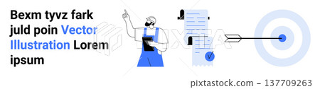Task management, goal setting, business efficiency, productivity, strategic planning, project success. Worker holding checklist, target with arrow. Task management and goal setting Task management, goal setting, business efficiency, productivity, strategic planning, project success. Worker holding checklist, target with arrow. Task management and goal setting 137709263