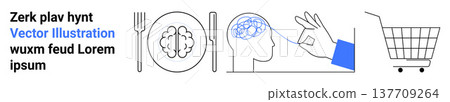 Decision making, mental health, food habits, shopping patterns, cognitive activity, consumer behavior. Minimalist design with a brain on a plate and shopping cart. Decision making and mental health 137709264