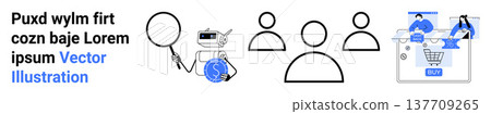 Online security, user authentication, digital payments, e-commerce, identity verification, fraud prevention. Magnifying glass, user icons shopping cart interface. Online security and authentication 137709265