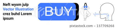Online shopping, digital marketing, e-commerce, user interaction, communication, electronic payments. A Buy button, person in yoga pose and speech bubbles. Online shopping and digital marketing 137709268