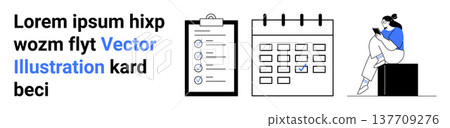 Productivity, organization, task tracking, time management, scheduling, mobile apps. A checklist, calendar and person engaged with a mobile device. Productivity and organization concept 137709276