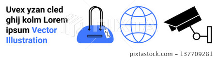 Security, global communication, e-commerce, network connectivity, data privacy, surveillance. Blue handbag, globe grid CCTV camera icons. Security and global communication concepts 137709281