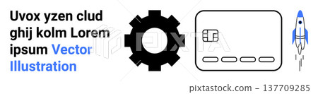 Innovation, technology, finance, electronic payment, engineering, progress. Gear, credit card and rocket imagery. Innovation and technology conceptually 137709285