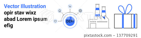 Blockchain, decentralized finance, industry, gift economy, technology, innovation. A DEF icon surrounded by nodes, a factory and a gift box. Blockchain and decentralized finance concepts are Blockchain, decentralized finance, industry, gift economy, technology, innovation. A DEF icon surrounded by nodes, a factory and a gift box. Blockchain and decentralized finance concepts are 137709291