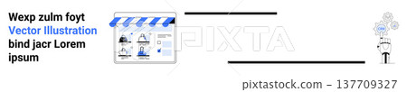 E-commerce, technology, business automation, AI analysis, innovation, online services. Digital storefront design and robot showing AI-powered analytics. E-commerce and technology concept 137709327