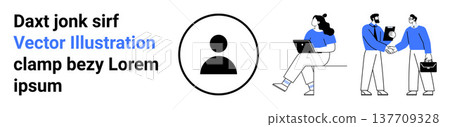 Business communication, teamwork, networking, professional attire, partnership, remote work. Icon with a person symbol, people shaking hands and a woman working on a laptop. Business communication Business communication, teamwork, networking, professional attire, partnership, remote work. Icon with a person symbol, people shaking hands and a woman working on a laptop. Business communication 137709328