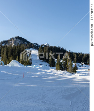 Vertical winter ski scene with snowy slope and blue sky Vertical winter ski scene with snowy slope and blue sky 137709334