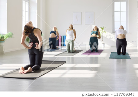Yoga class of women practicing camel asana on mats in bright minimalist studio Yoga class of women practicing camel asana on mats in bright minimalist studio 137709345