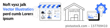 E-commerce, retail, logistics, business analytics, online shopping, operations. A storefront, warehouse graph on a screen and gear symbol. E-commerce and retail concept E-commerce, retail, logistics, business analytics, online shopping, operations. A storefront, warehouse graph on a screen and gear symbol. E-commerce and retail concept 137709410