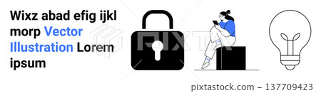 Online security, innovation concepts, mobile device dependence, digital safety, creative ideas, and technology solutions. A lock symbol, a lightbulb and a person sitting using a phone. Online 137709423