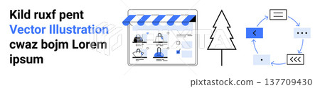 E-commerce, sustainability, workflows, digital marketing, eco-friendly design, online shopping. An online storefront interface, a tree icon and a process workflow diagram. E-commerce E-commerce, sustainability, workflows, digital marketing, eco-friendly design, online shopping. An online storefront interface, a tree icon and a process workflow diagram. E-commerce 137709430