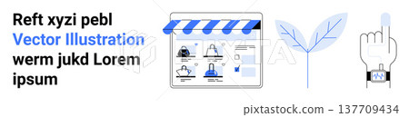 E-commerce, eco-friendly design, technology, user interface, online shopping, digital interaction. A marketplace webpage, a leaf icon and a hand with a smartwatch. E-commerce and eco-friendly design 137709434