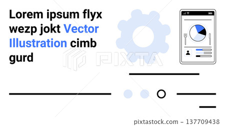 Data analytics, technology, mobile reports, information systems, software design, workflow solutions. Abstract graphic a gear and mobile report. Data analytics and technology concept 137709438