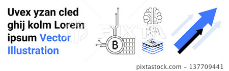 Blockchain, AI, cryptocurrency, data analytics, growth, innovation. Bitcoin chip, neural brain with rain layered data and upward arrows. Blockchain and AI concepts growth Blockchain, AI, cryptocurrency, data analytics, growth, innovation. Bitcoin chip, neural brain with rain layered data and upward arrows. Blockchain and AI concepts growth 137709441