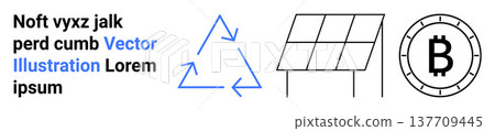 Sustainability, renewable energy, blockchain technology, environmental awareness, smart technology, clean energy. Icons of recycling triangle, solar panel and Bitcoin. Sustainability and renewable Sustainability, renewable energy, blockchain technology, environmental awareness, smart technology, clean energy. Icons of recycling triangle, solar panel and Bitcoin. Sustainability and renewable 137709445