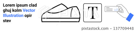 Branding, communication, typography, identity, footwear, business networking. A hand presenting a card, a shoe outline and a letter T block. Branding and communication illustration concept Branding, communication, typography, identity, footwear, business networking. A hand presenting a card, a shoe outline and a letter T block. Branding and communication illustration concept 137709448