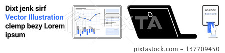 Data analytics, technology, office workflow, productivity, digital tools, workspace. Graphs, laptop QR code scanner. Data analytics and technology with modern tools and devices 137709450