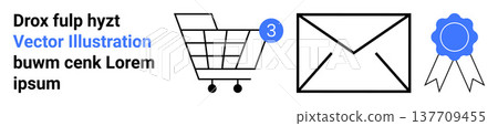 E-commerce, communication, notifications, digital marketing, achievement, online services. Shopping cart with alert, mail icon and ribbon badge. E-commerce and notifications concept 137709455