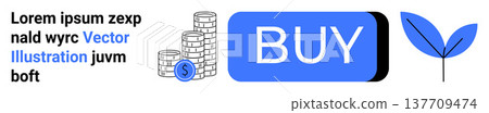E-commerce, online transactions, financial growth, sustainability, shopping interface, investment. Blue buy button with coins and plant icon. E-commerce and online transaction visual E-commerce, online transactions, financial growth, sustainability, shopping interface, investment. Blue buy button with coins and plant icon. E-commerce and online transaction visual 137709474