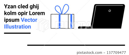 E-commerce, online shopping, gifting, digital marketing, holiday promotions, remote work. A gift box with a blue ribbon next to an open laptop. E-commerce and online shopping concept 137709477