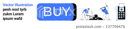 E-commerce, mining industry, payment systems, digital shopping, manual labor, technology. Large blue buy button with mining workers and a card reader. E-commerce and mining industry concept 137709478