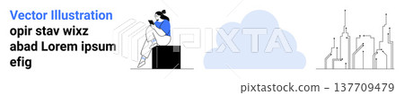 Urban development, technology, communication, cloud computing, modern infrastructure, smart cities. Woman using smartphone, cloud and cityscape. Cloud computing and urban development concept Urban development, technology, communication, cloud computing, modern infrastructure, smart cities. Woman using smartphone, cloud and cityscape. Cloud computing and urban development concept 137709479