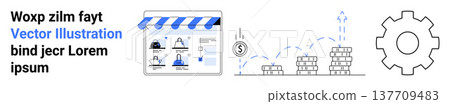 Online business, financial growth, digital marketing, automation, small business, data analytics. storefront, increasing coin stacks and gear icon. Online business and financial growth 137709483