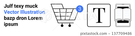 e-commerce platforms, content creation apps, digital libraries, shopping notifications, online reading, UI design. Shopping cart with notification, text icon and open book on screen. E-commerce e-commerce platforms, content creation apps, digital libraries, shopping notifications, online reading, UI design. Shopping cart with notification, text icon and open book on screen. E-commerce 137709486