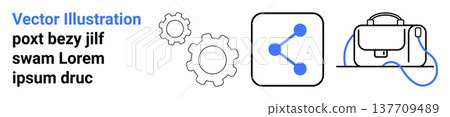 Technology, teamwork, networking, business strategy, education, and career planning. Features gear icons, share symbol and briefcase illustration. Networking and business strategy concept Technology, teamwork, networking, business strategy, education, and career planning. Features gear icons, share symbol and briefcase illustration. Networking and business strategy concept 137709489
