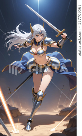 A silver-haired female warrior raises her sword and bravely charges into a battlefield bathed in light—a fantastical moment as she advances amidst a mystical rain of swords piercing the earth. 137709565