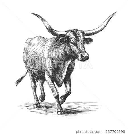 Texas Longhorn Bull Vector Vintage Engraved Illustration Antique Cattle Drawing 137709690