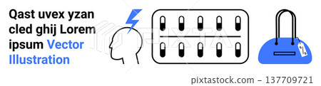 Mental health, pharmaceutical products, healthcare, consciousness, consumerism, shopping. Illustrated head with a lightning bolt, pills and a handbag. Mental health and pharmaceutical products Mental health, pharmaceutical products, healthcare, consciousness, consumerism, shopping. Illustrated head with a lightning bolt, pills and a handbag. Mental health and pharmaceutical products 137709721