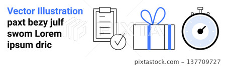 Time management, productivity tools, workflow optimization, rewards, planning, tracking progress. Checklist with a tick, gift box and stopwatch. Productivity tools and planning theme 137709727