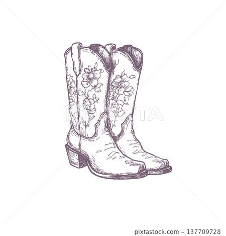 Floral cowgirl boots in vintage western style. Wild West rodeo cowboy footwear ink vector clipart. Floral cowgirl boots in vintage western style. Wild West rodeo cowboy footwear ink vector clipart. 137709728
