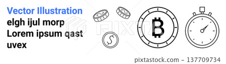 Cryptocurrency, blockchain, digital transactions, investments, time management, financial planning. Icons include Bitcoin logo, coins stopwatch. Cryptocurrency and blockchain visual elements 137709734