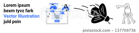 Online shopping, cybersecurity, fraud prevention, bug detection, data access control, and privacy. Illustration of a shopping cart, bug and traditional keys. Cybersecurity and fraud prevention 137709736