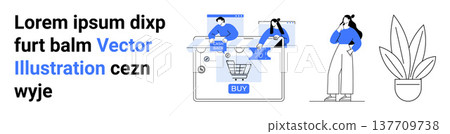 E-commerce, digital transactions, online retail, consumer behavior, web shopping, user interface design. People navigating a virtual shopping cart. E-commerce and digital transactions concept E-commerce, digital transactions, online retail, consumer behavior, web shopping, user interface design. People navigating a virtual shopping cart. E-commerce and digital transactions concept 137709738