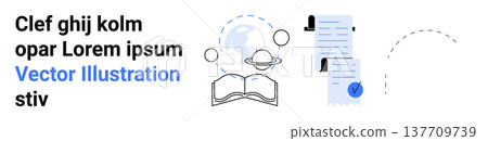 Education, research, document verification, academic learning, information sharing, global studies. Open book with globe and planets, official documents with a checkmark. Education and research Education, research, document verification, academic learning, information sharing, global studies. Open book with globe and planets, official documents with a checkmark. Education and research 137709739