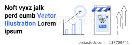 E-commerce trends, business analytics, online shopping, marketing strategy, data analysis, growth visualization. A bar chart, target point and a mobile shopping cart interface. E-commerce 137709741
