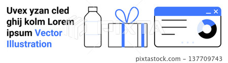 Ecommerce, data analysis, gifting, marketing, digital tools, consumer trends. A water bottle, gift box and analytics dashboard in a minimalist layout. Ecommerce and data analysis visualization Ecommerce, data analysis, gifting, marketing, digital tools, consumer trends. A water bottle, gift box and analytics dashboard in a minimalist layout. Ecommerce and data analysis visualization 137709743