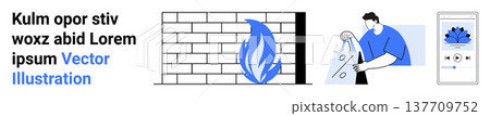 Network security, IT infrastructure, cyber defense, data encryption, online safety, firewall software. Visual of a firewall, person analyzing data mobile app interface. Network security and IT Network security, IT infrastructure, cyber defense, data encryption, online safety, firewall software. Visual of a firewall, person analyzing data mobile app interface. Network security and IT 137709752