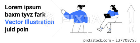 Teamwork, communication, business strategy, growth, workplace collaboration, productivity. Two individuals interacting with each other and an upward arrow. Teamwork and communication concept 137709753