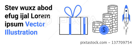 Finance, business growth, investment, crowdfunding, startup success, savings. Gift box, stacks of coins and a rocket. Finance and business growth conceptual theme Finance, business growth, investment, crowdfunding, startup success, savings. Gift box, stacks of coins and a rocket. Finance and business growth conceptual theme 137709754