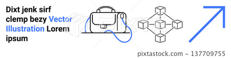 Blockchain, data security, network systems, technology, business growth, innovation trends. Line art of a bag, nodes connected to a network and an upward arrow. Blockchain and data security 137709755